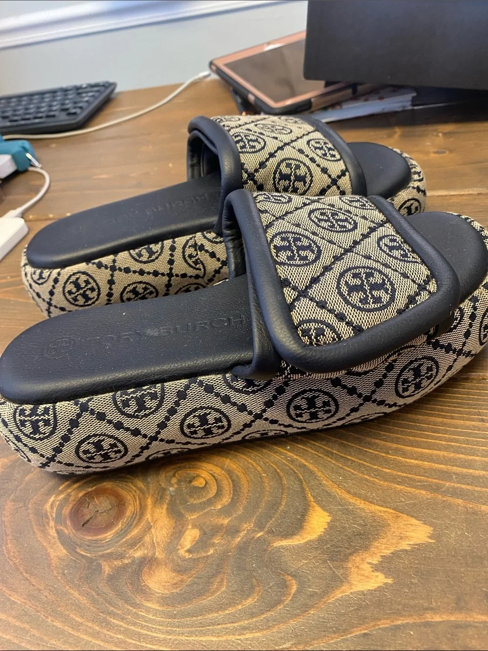 Tory Burch Navy and Beige Logo Jacquard Slide Sandals